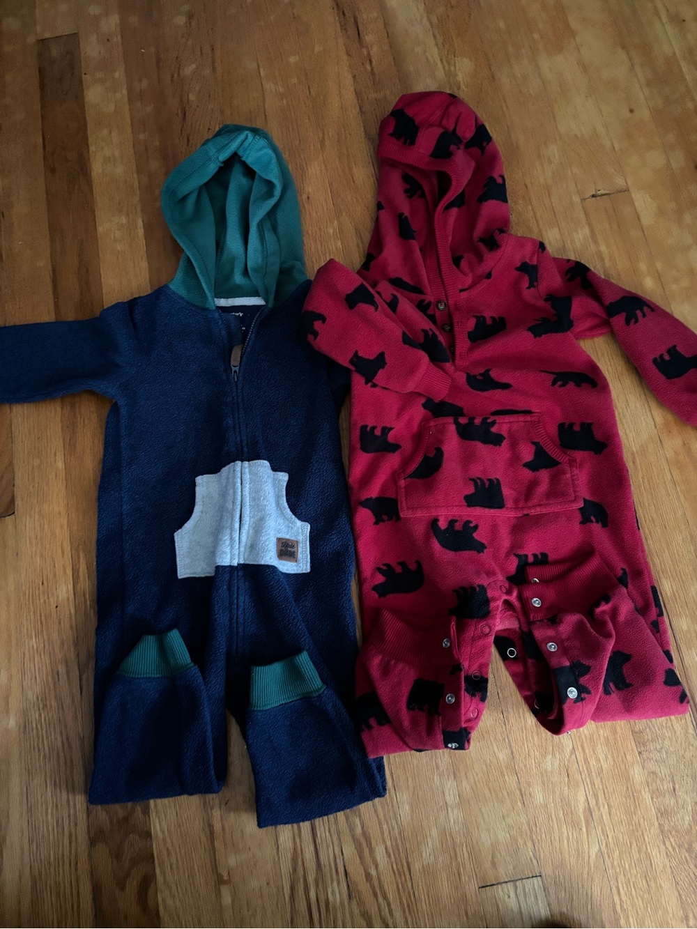 CartersTwo Baby Hooded Rompers - Navy Teal & Red Bear Print